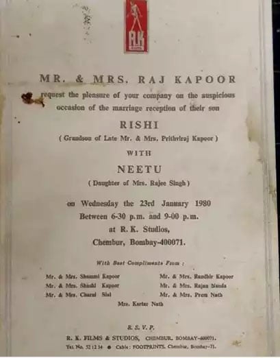 آنجہانی رشی کپور، نیتو سنگھ کی شادی کا دعوت نامہ منظر عام پر 