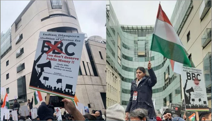 یورو ویژن کی کال پر فلسطینی حامیوں کا بی بی سی ہیڈ کوارٹر کے باہر احتجاج