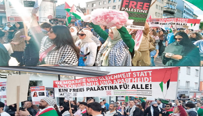 ویانا میں مظلوم فلسطینیوں سے اظہار یکجہتی کیلئے پرامن ریلی کا انعقاد، اسرائیل کے خلاف نعرے بازی