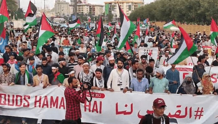جمعیت کے تحت غزہ و فلسطین سے اظہار یکجہتی کیلئے امریکی قونصلیٹ تک مارچ