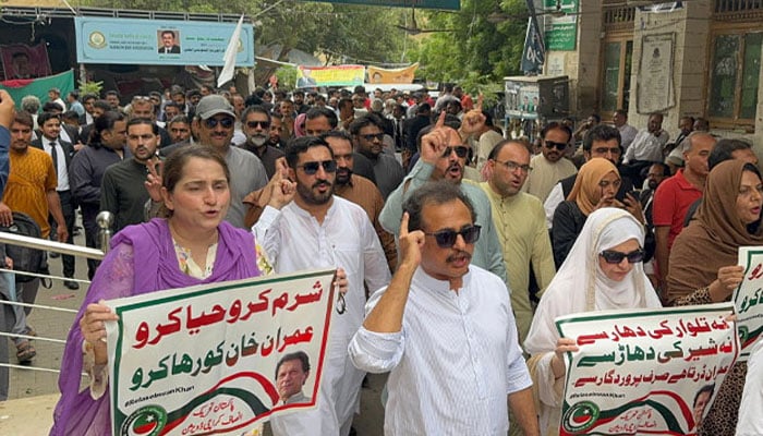 تحریک انصاف کے تحت سٹی کورٹ کے باہر احتجاجی مظاہرہ، ریلی نکالی گئی