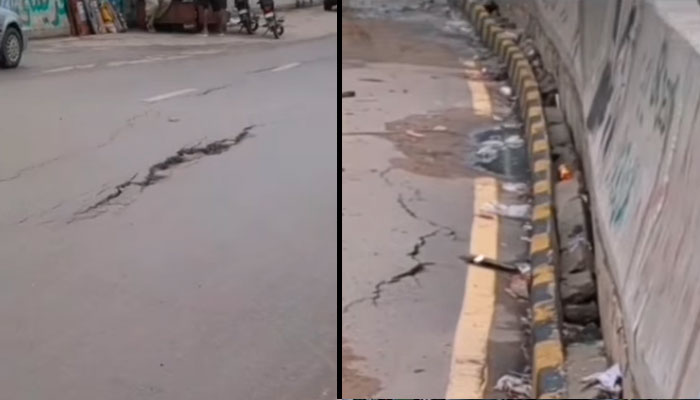 گلستان جوہر چورنگی انڈر پاس کے سائیڈ روڈ کا ایک حصہ بارش میں بیٹھ گیا