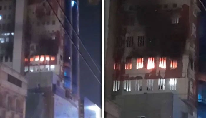 صدر الیکٹرانک مارکیٹ کی عمارت میں خوفناک آگ، متعدد گاڑیاں جل گئیں، عمارت سے دھماکوں کی آوازیں