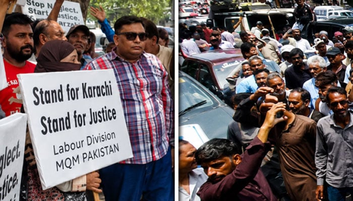 متحدہ قومی موومنٹ لیبر ڈویژن کا ایم اے جناح روڈ پر احتجاجی مظاہرہ