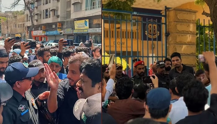 امتحانی نتائج میں مبینہ بے ضابطگیوں و دیگر مسائل کیخلاف اسلامی جمعیت طلبہ کا ڈاؤ میڈیکل یونیورسٹی کے باہر احتجاج
