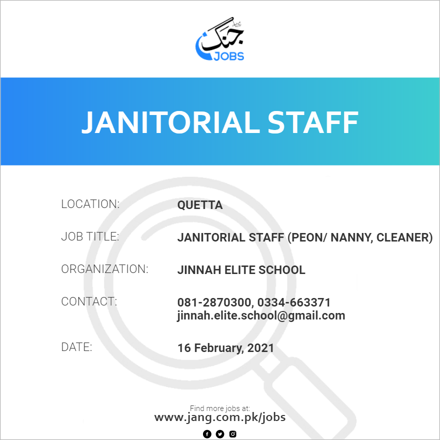 Janitorial Staff (Peon/ Nanny, Cleaner)