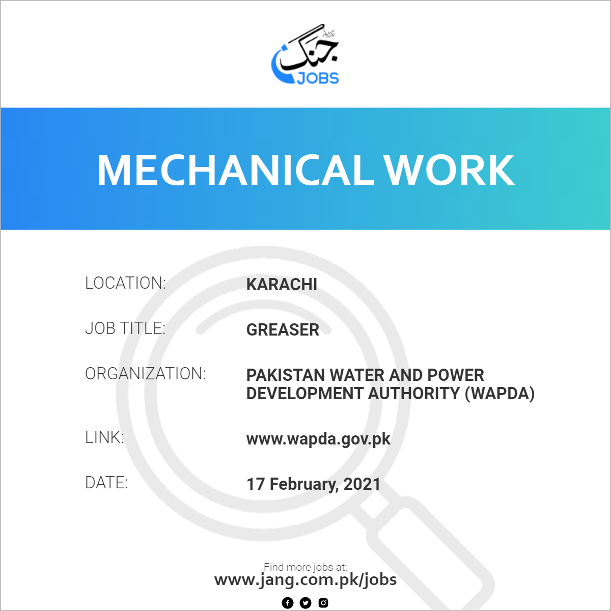 Greaser Job Pakistan Water And Power Development Authority (wapda