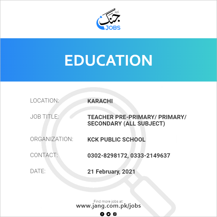 Teacher Pre-Primary/ Primary/ Secondary (All Subject)