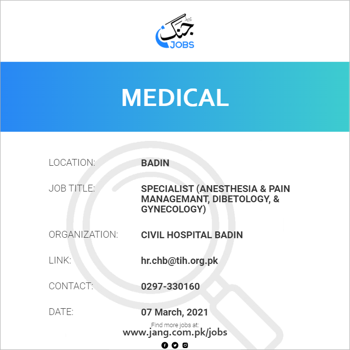 Specialist (Anesthesia & Pain Managemant, Dibetology, & Gynecology)