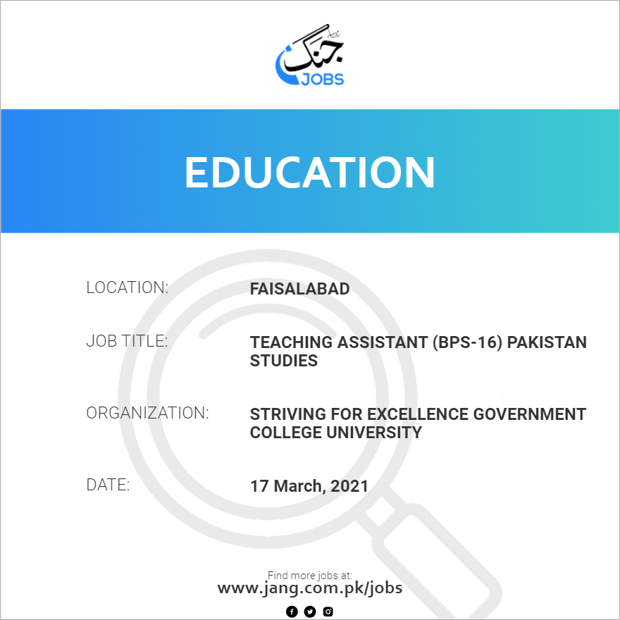 Teaching Assistant (BPS-16) Pakistan Studies