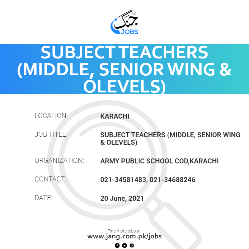 Subject Teachers (Middle, Senior Wing & OLevels)