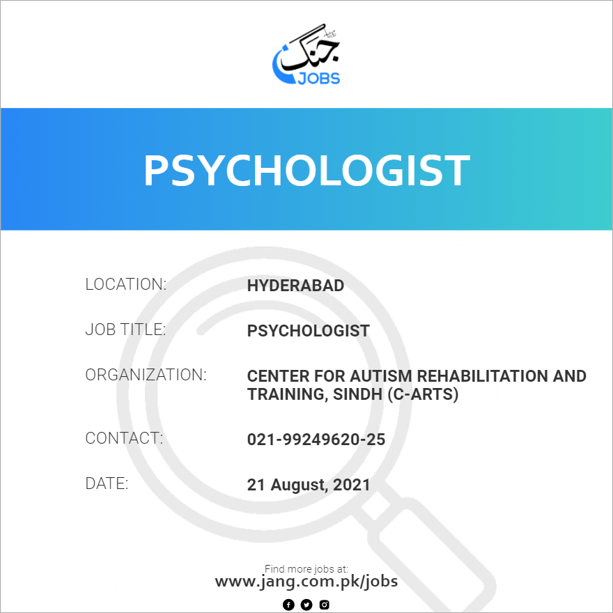 Psychologist Job Center For Autism Rehabilitation And Training, Sindh