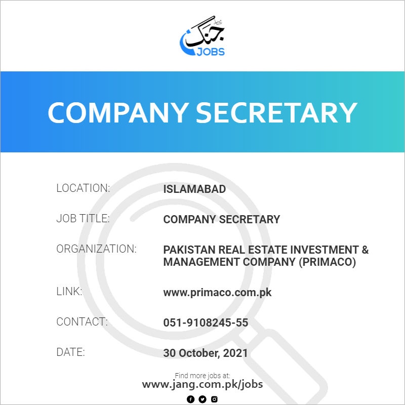 Company Secretary Job Pakistan Real Estate Investment & Management