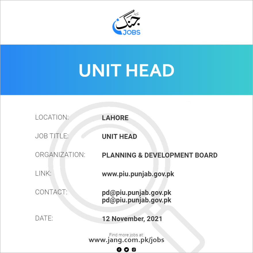 Unit Head Job Planning Development Board Jobs In Lahore 27412