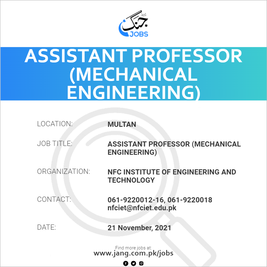Assistant Professor (mechanical Engineering) Job Nfc Institute Of