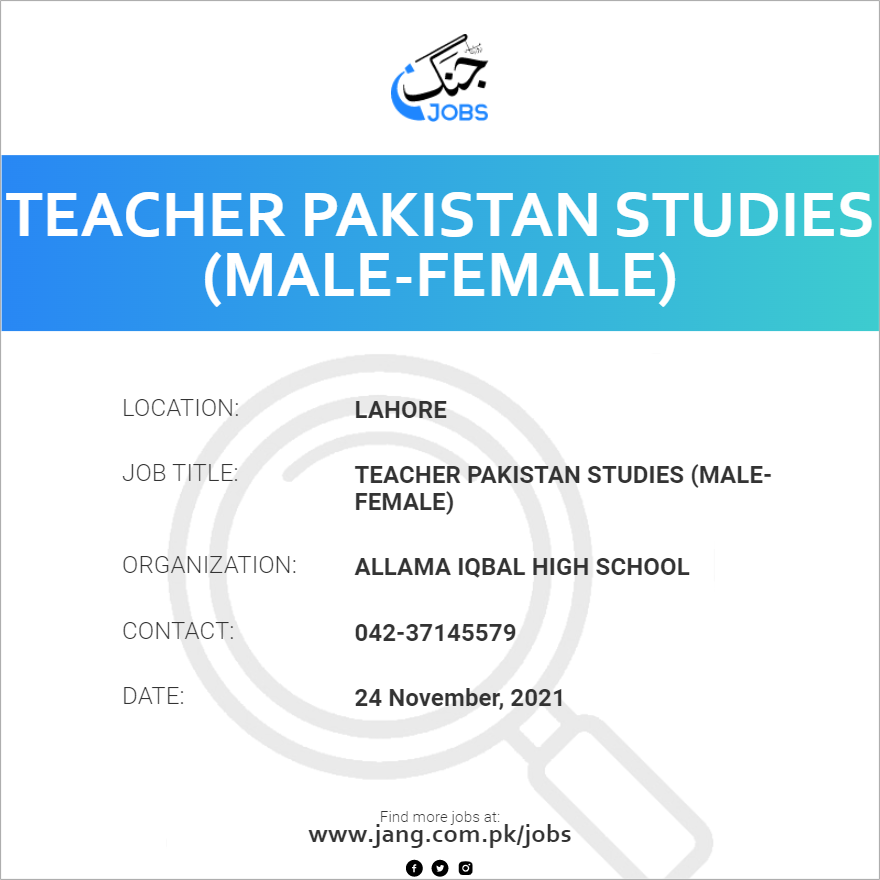 Teacher Pakistan Studies (Male-Female)