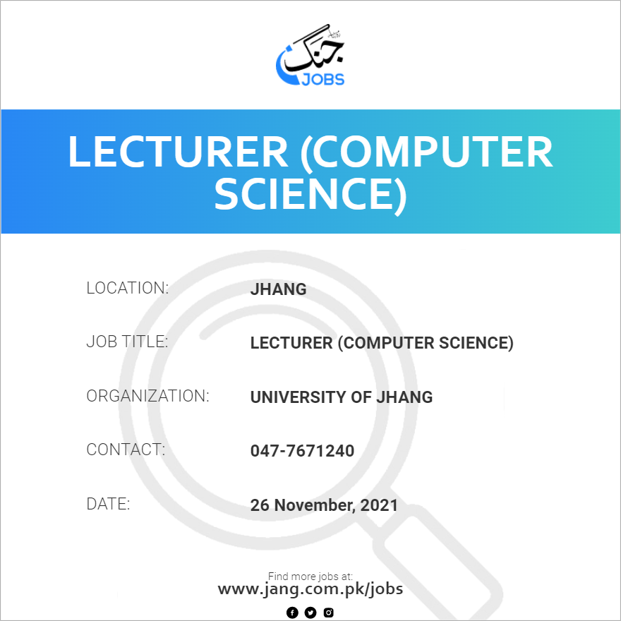 Lecturer computer Science Job University Of Jhang Jobs In Jhang 