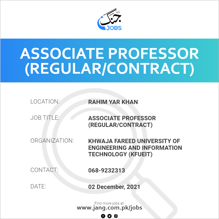 Associate Professor Regular Contract Job Khwaja Fareed University   29567 125545 Card 