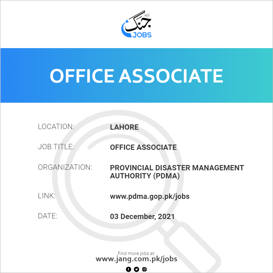 Office Associate Job Provincial Disaster Management Authority pdma 