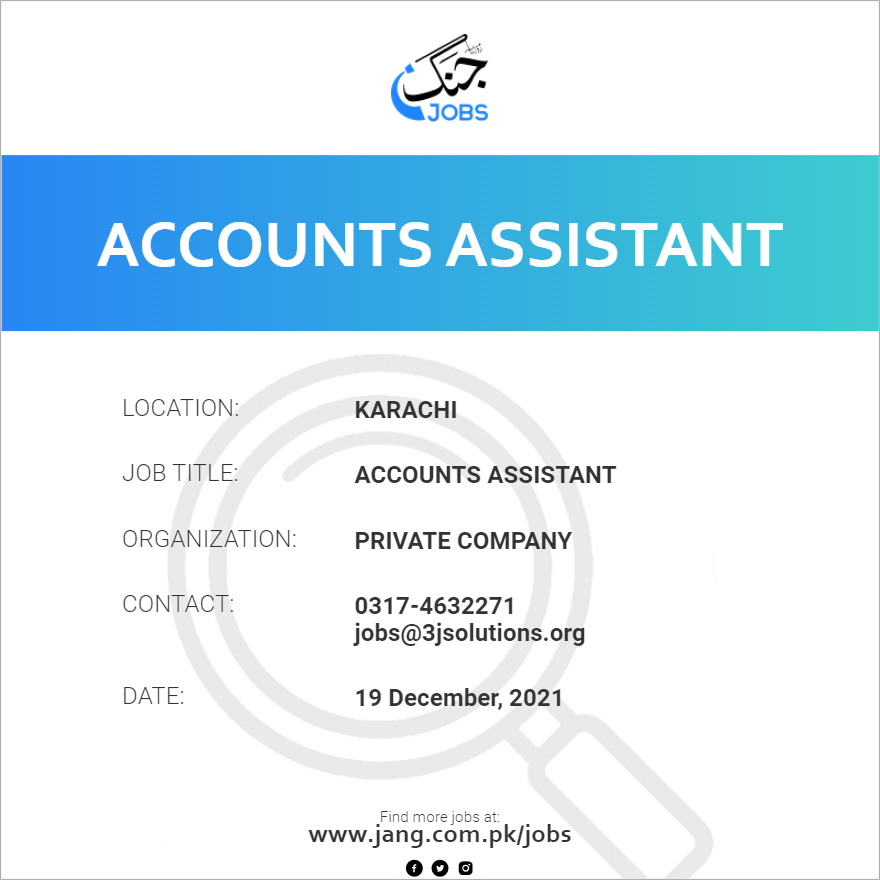 Accounts Assistant Job Private Company Jobs In Karachi 31525   31525 033243 Card 