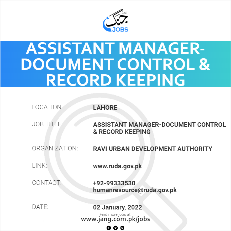 Assistant Managerdocument Control & Record Keeping Job Ravi Urban