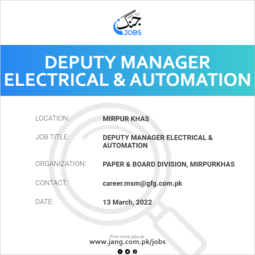 Deputy Manager Electrical & Automation Job Paper & Board Division