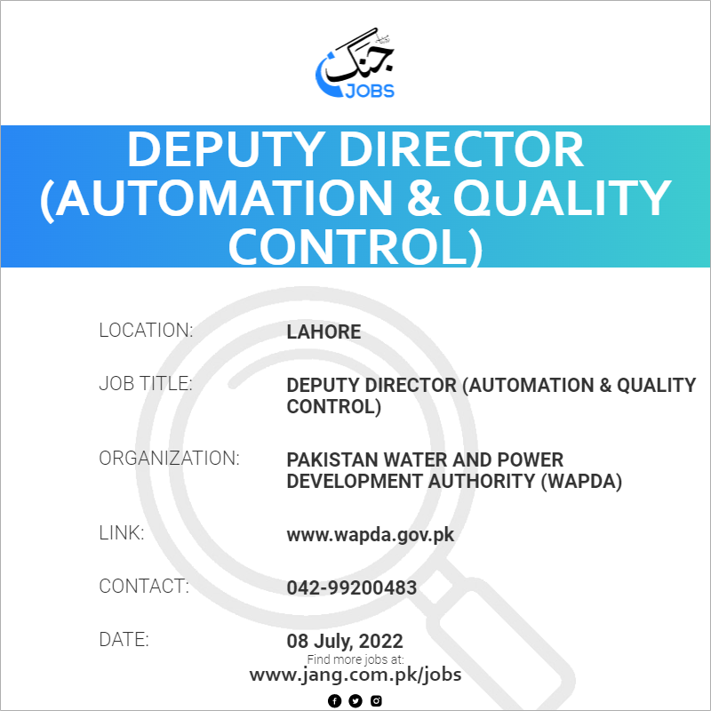 Deputy Director (automation & Quality Control) Job Pakistan Water And