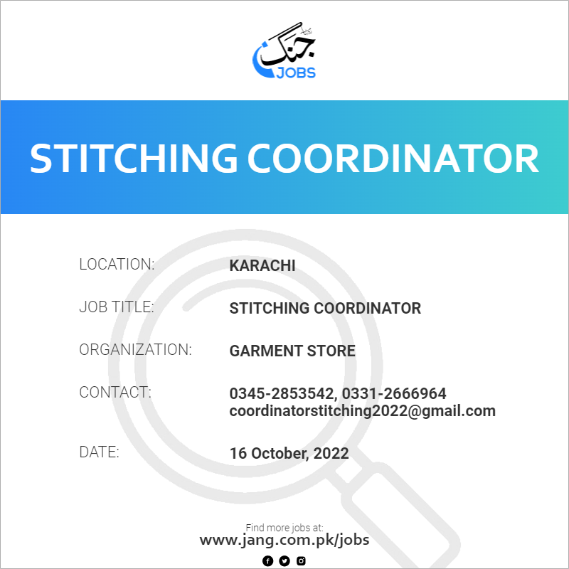 Stitching Coordinator Job Garment Store Jobs in Karachi 53580