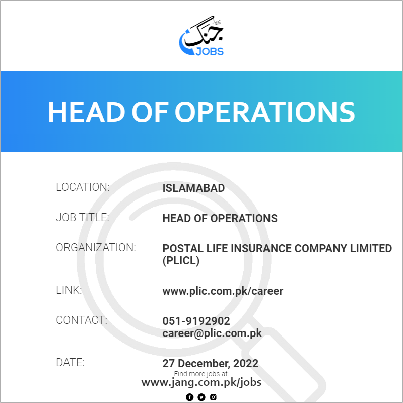 head-of-operations-job-postal-life-insurance-company-limited-plicl