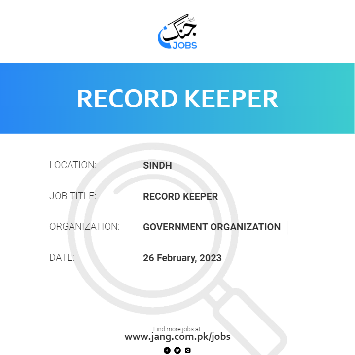Record Keeper Job Government Organization Jobs in Sindh 60823
