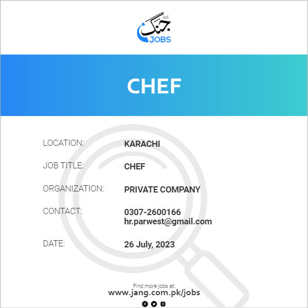 Chef Job Private Company Jobs in Karachi 68221