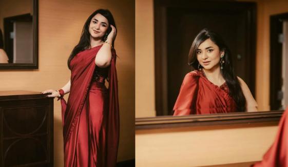 Yumna Zaidi sets pulses racing in bold red saree 