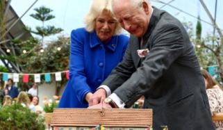 Queen Camilla, King Charles show off their playful side with cake cutting skills