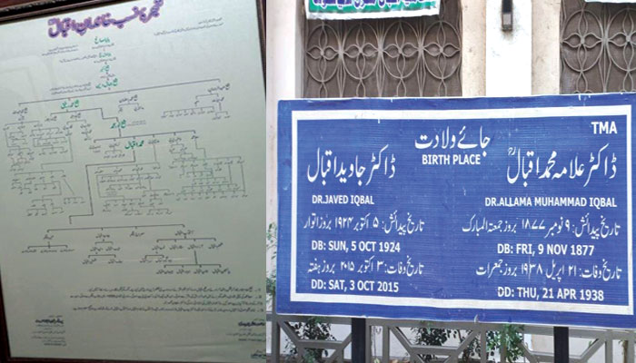 مرکزی دروازے پر برتھ پلیس کا بورڈ، دوسری طرف خاندان کا شجرہ نسب
