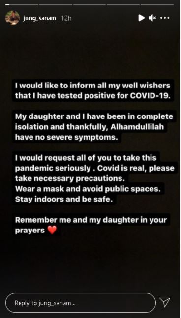 Sanam Jung tests positive for Covid-19, quarantines with daughter