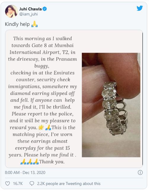 Juhi Chawla loses her diamond earring, announces reward on Twitter