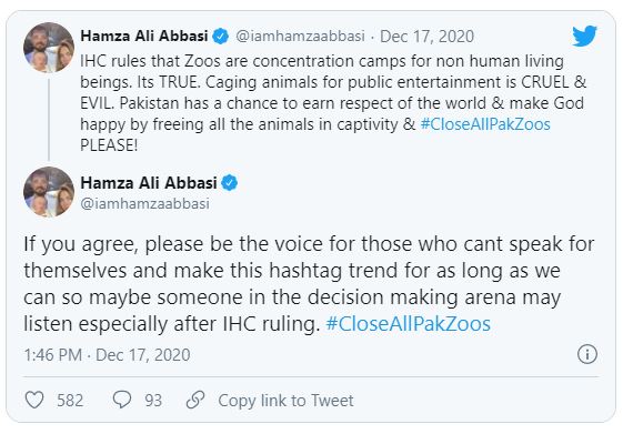 Hamza Ali Abbasi calls for a ban on Pakistani zoos 