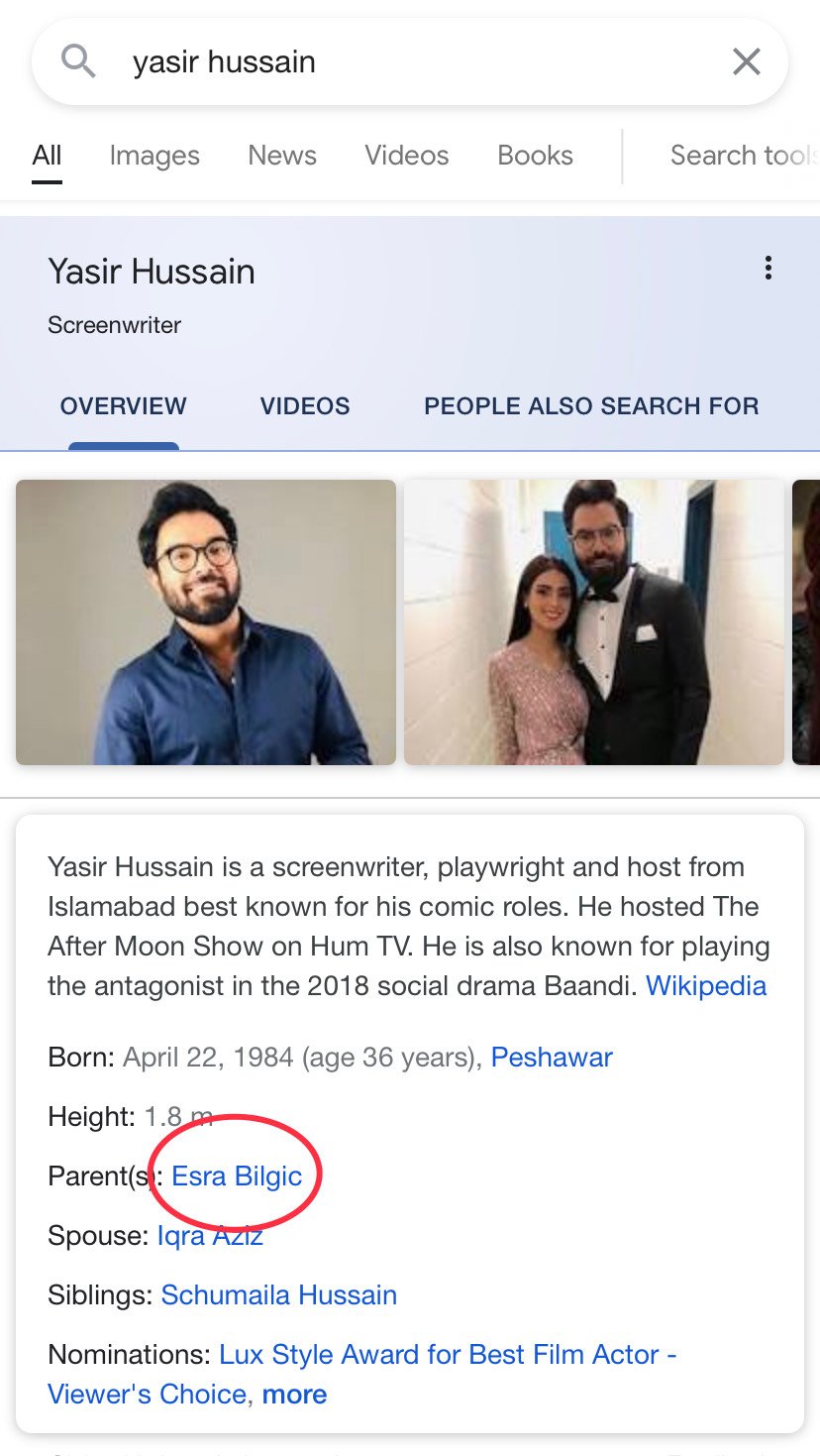 Google’s hilarious blunder, lists Turkish star Esra Bilgic as Yasir Hussain’s mother