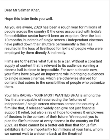 Film distributors opposes OTT release of Salman Khan’s ‘Radhe,’ requests to release in theatre 