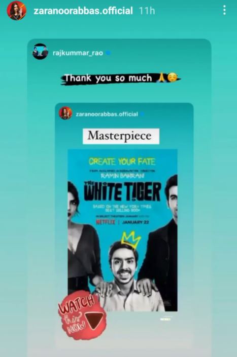 Rajkummar Rao thanks Zara Noor Abbas after she praises 'The White Tiger'