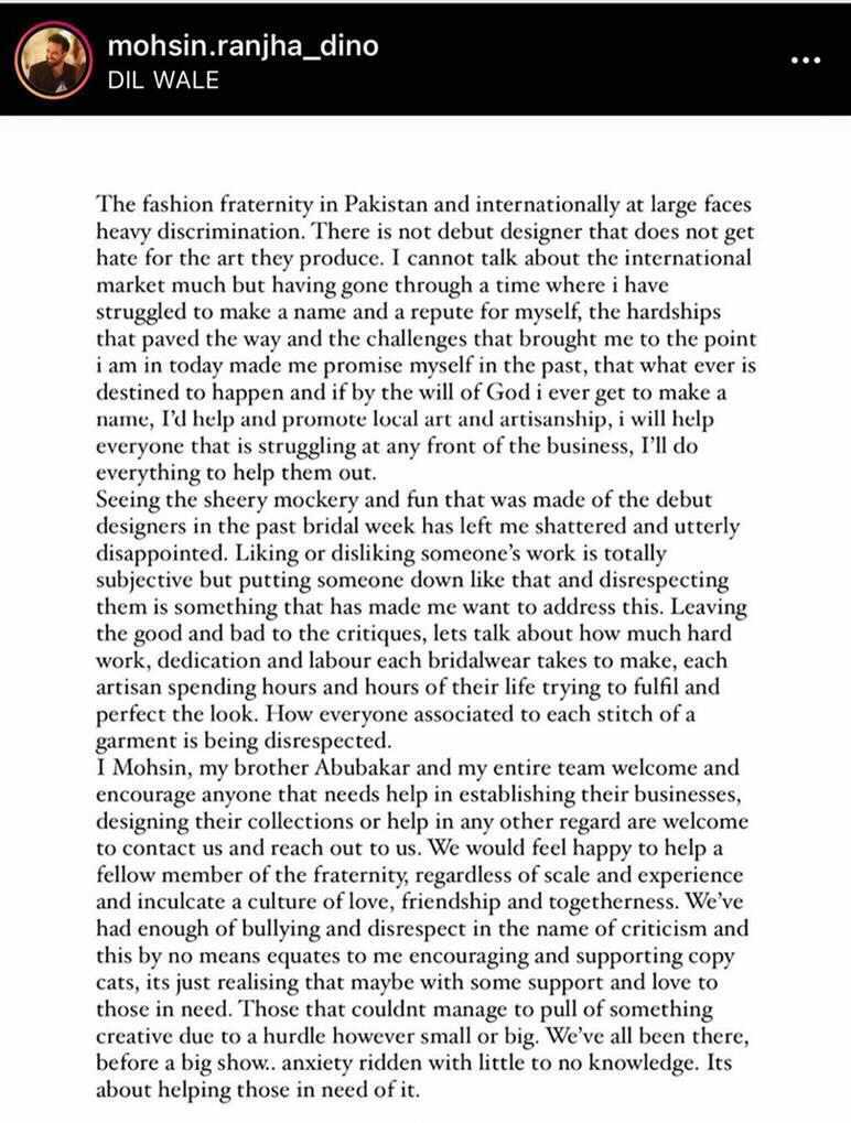 Mohsin Naveed Ranjha speaks out, slams critics for disrespecting debut designers