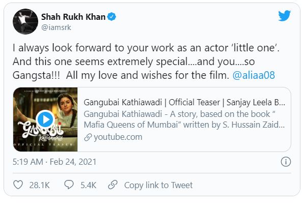 Shah Rukh Khan praises 'gangsta' Alia Bhatt after Gangubai Kathiawadi teaser