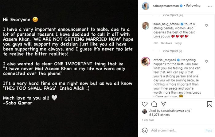 Fellow showbiz stars, fans send love, support to Saba Qamar after breakup with Azeem Khan