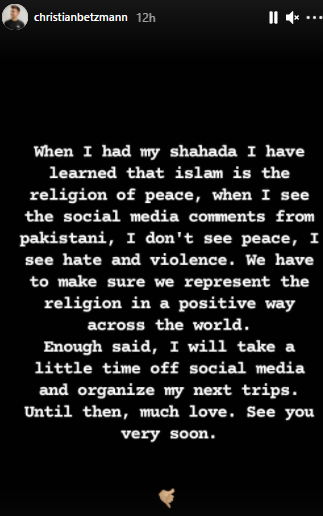 Christian Betzmann clarifies controversial remarks about Pakistan after Zoya Nasir split