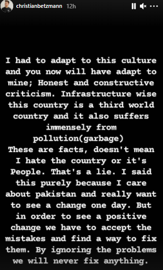 Christian Betzmann clarifies controversial remarks about Pakistan after Zoya Nasir split