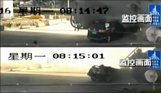 China Truck Crushes Car Driver Survived