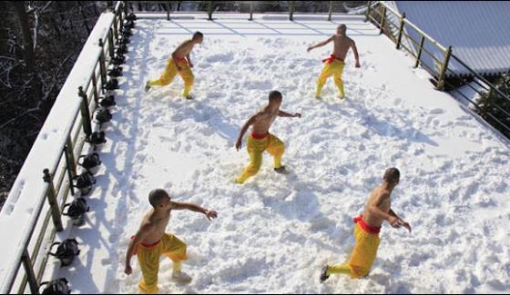 Martial Art Performance Of Chinese Stunt In Cold Weather