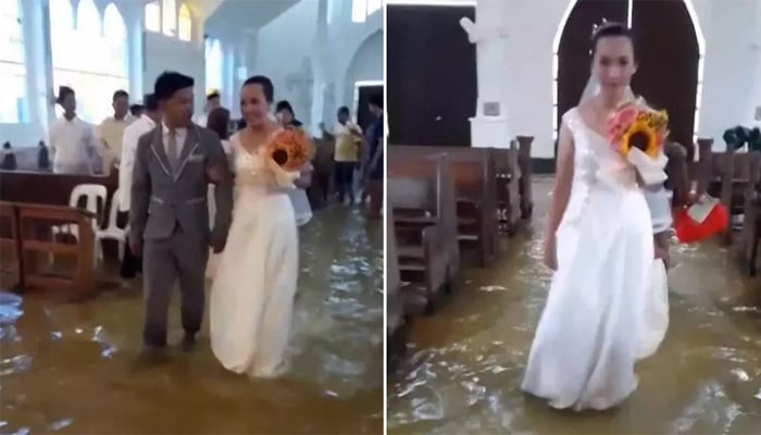 فلپائنی دلہا دلہن سیلابی صورتحال کے باوجود شادی کے بندھن میں