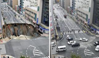 Huge Sinkhole Swallows Concrete Truck On Busy Road In China