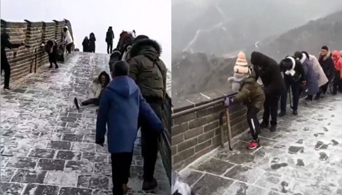 بیجنگ:برفباری کے بعد سیاحوں کی بڑی تعداد دیوار چین پہنچ گئی